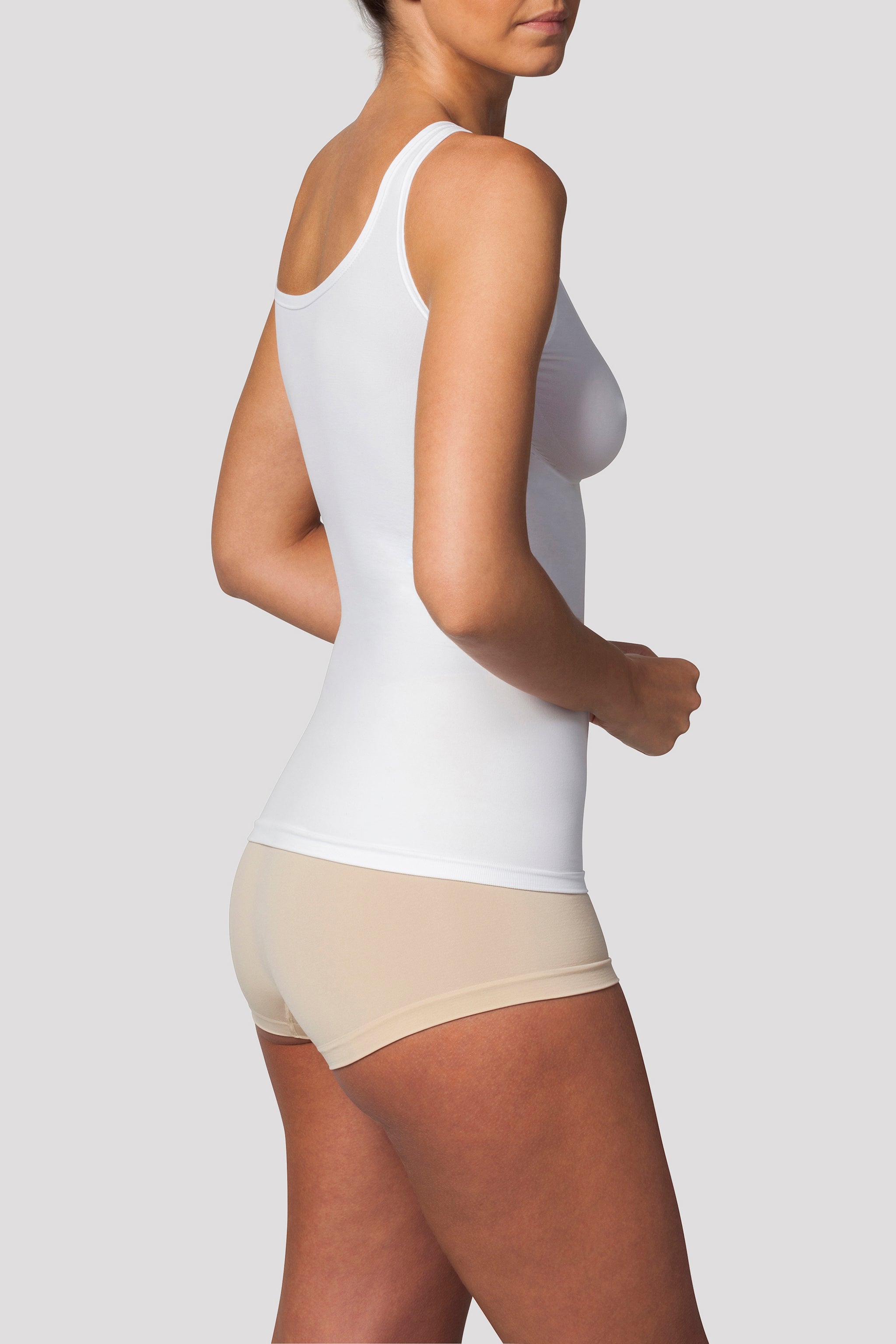 side view of white tummy control cami with support - White