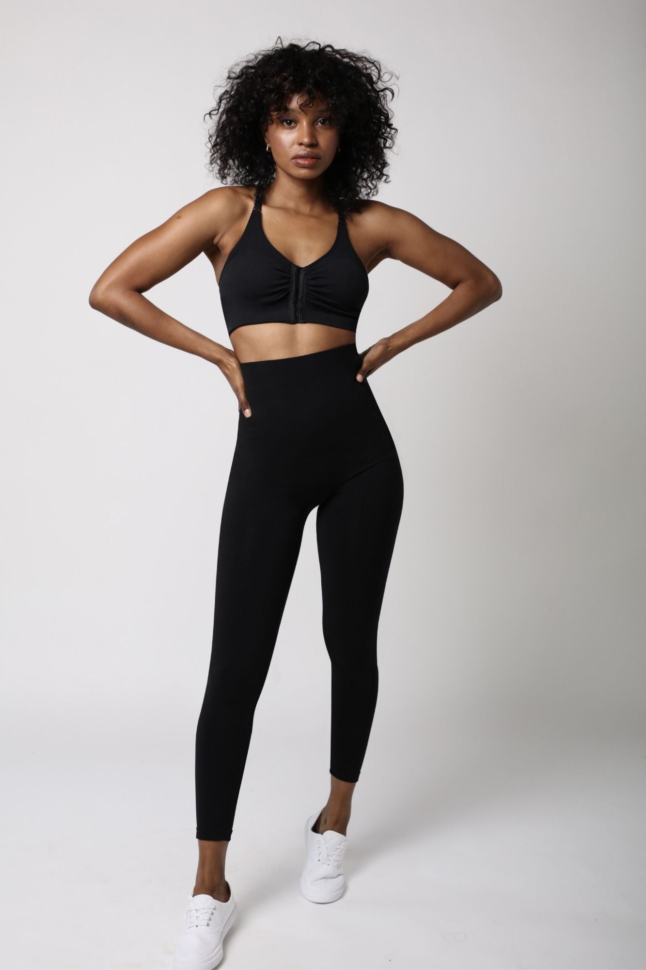 front view of lady wearing high waist shaping legging - Black